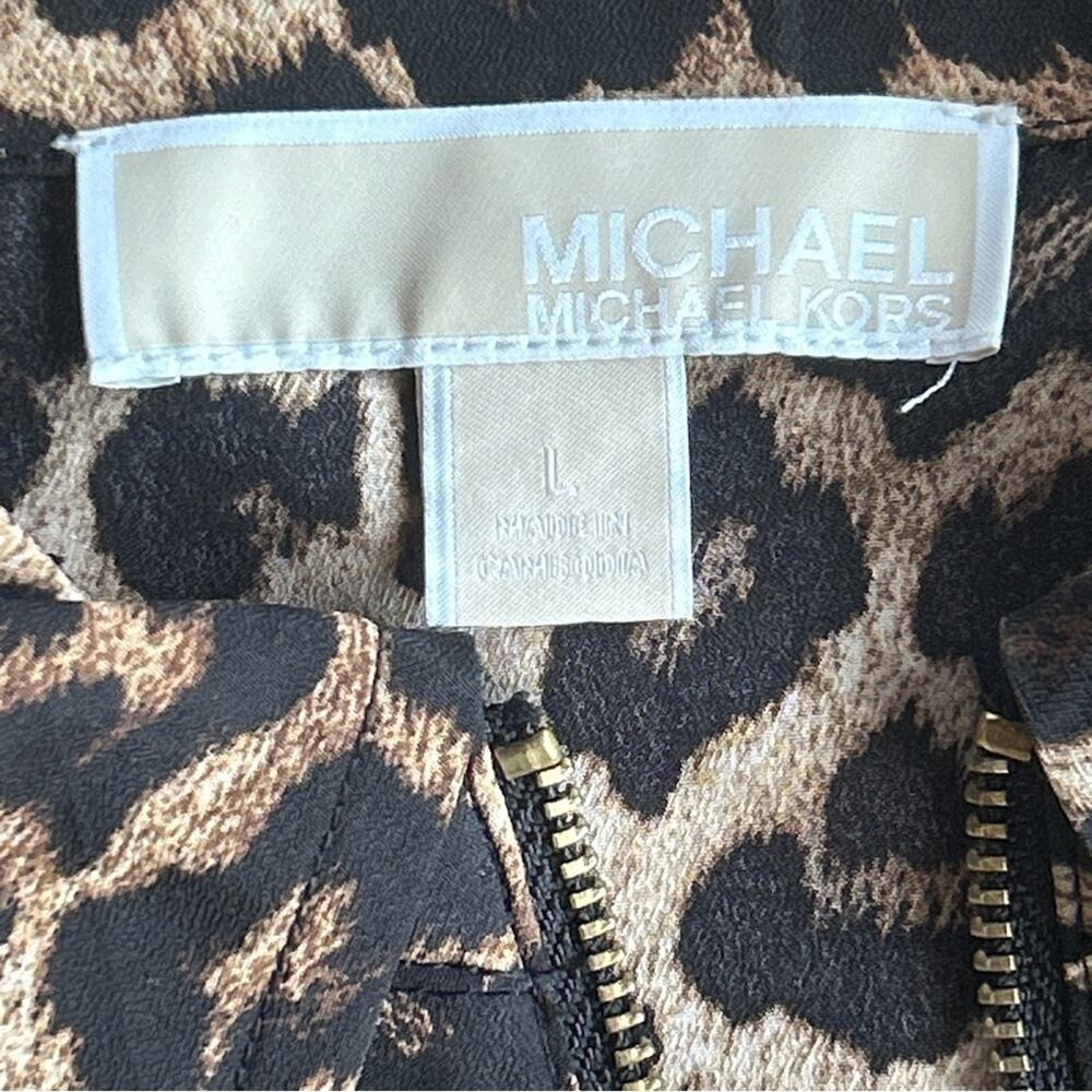 Michael Kors Leopard Animal Print Top Womens L Zip Up Blouse Lightweight Luxury - Picture 2 of 13